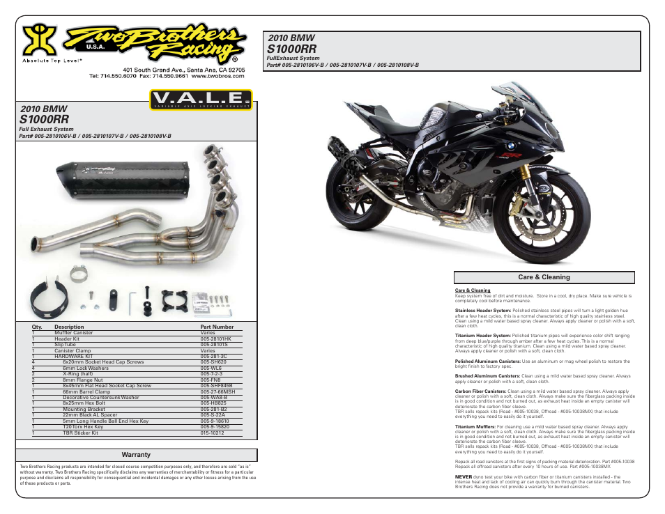 V.a.l.e, S1000rr, 2010 bmw | Two Brothers Racing BMW S1000RR User Manual | Page 4 / 4