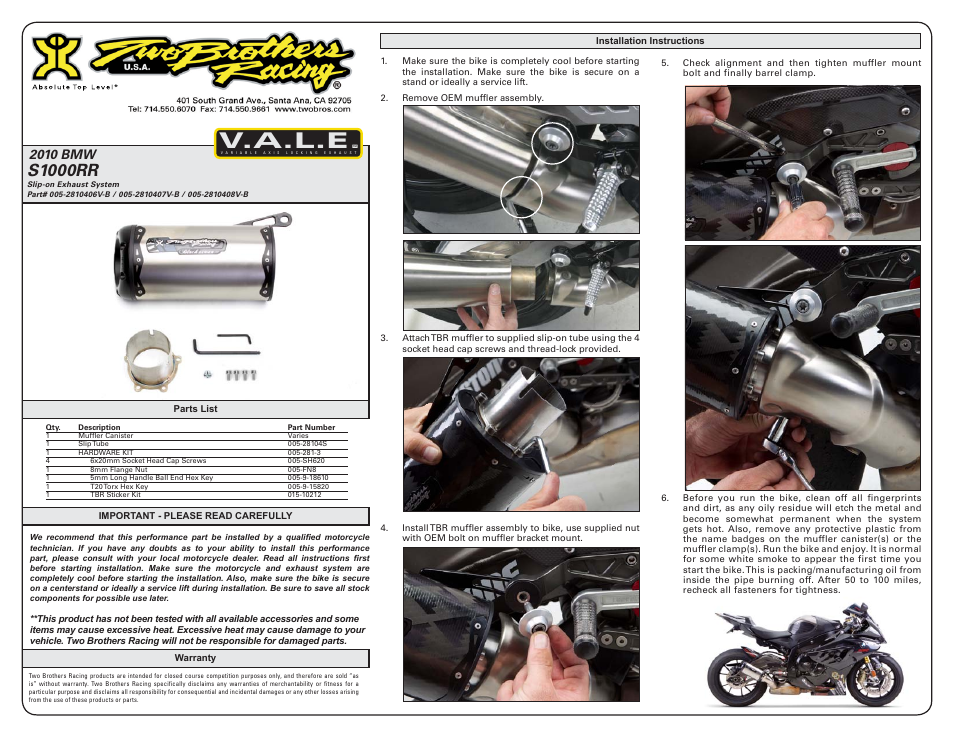 Two Brothers Racing BMW S1000RR User Manual | 1 page