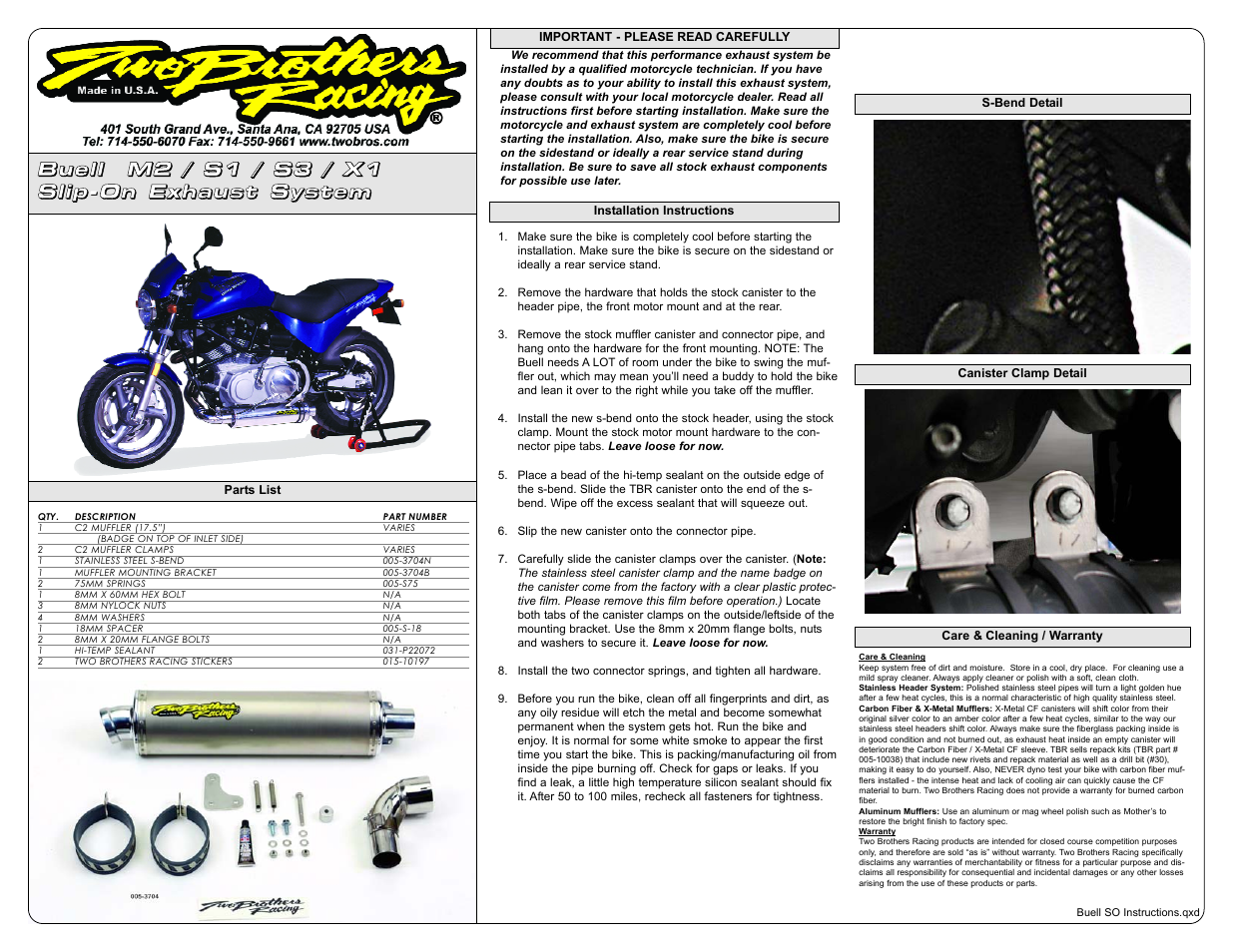 Two Brothers Racing Buell S3T User Manual | 1 page