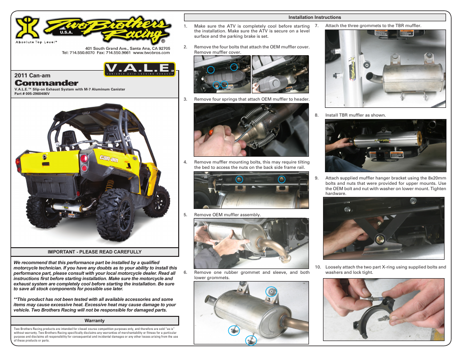 Two Brothers Racing Can-Am Commander User Manual | 2 pages