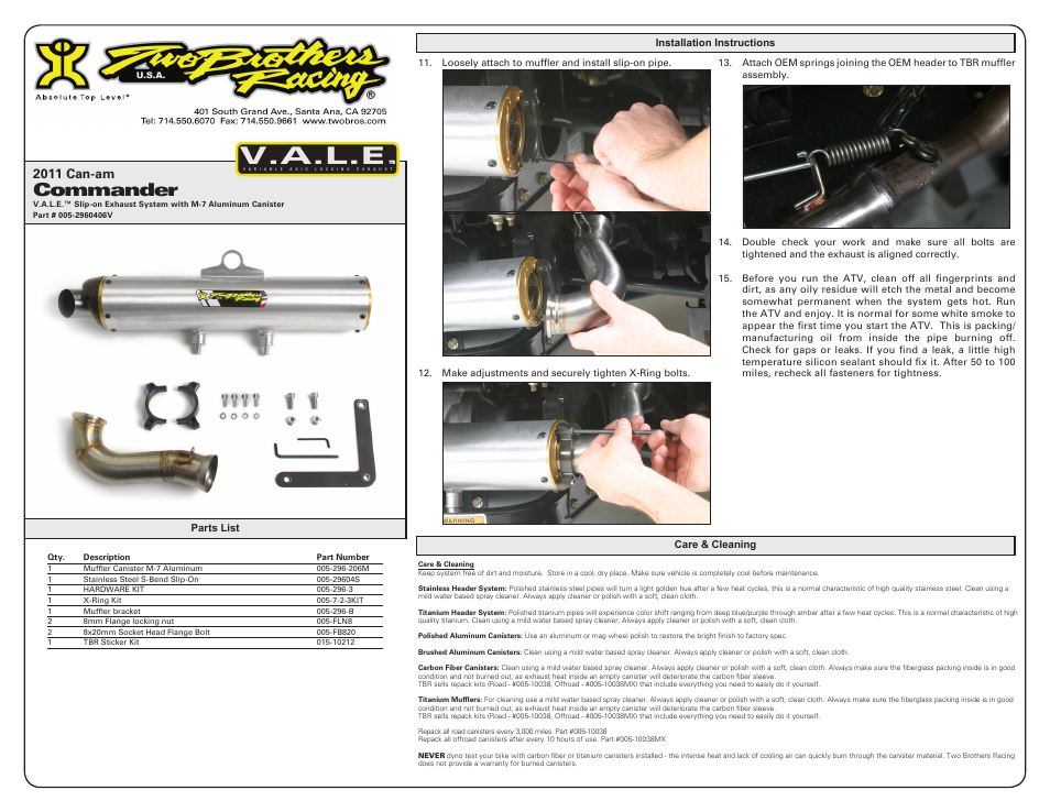 V.a.l.e, Commander, 2011 can-am | Two Brothers Racing Can-Am Commander User Manual | Page 2 / 2