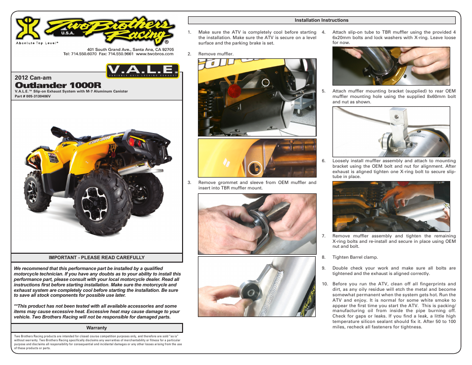 Two Brothers Racing Can-Am Outlander 1000R User Manual | 2 pages