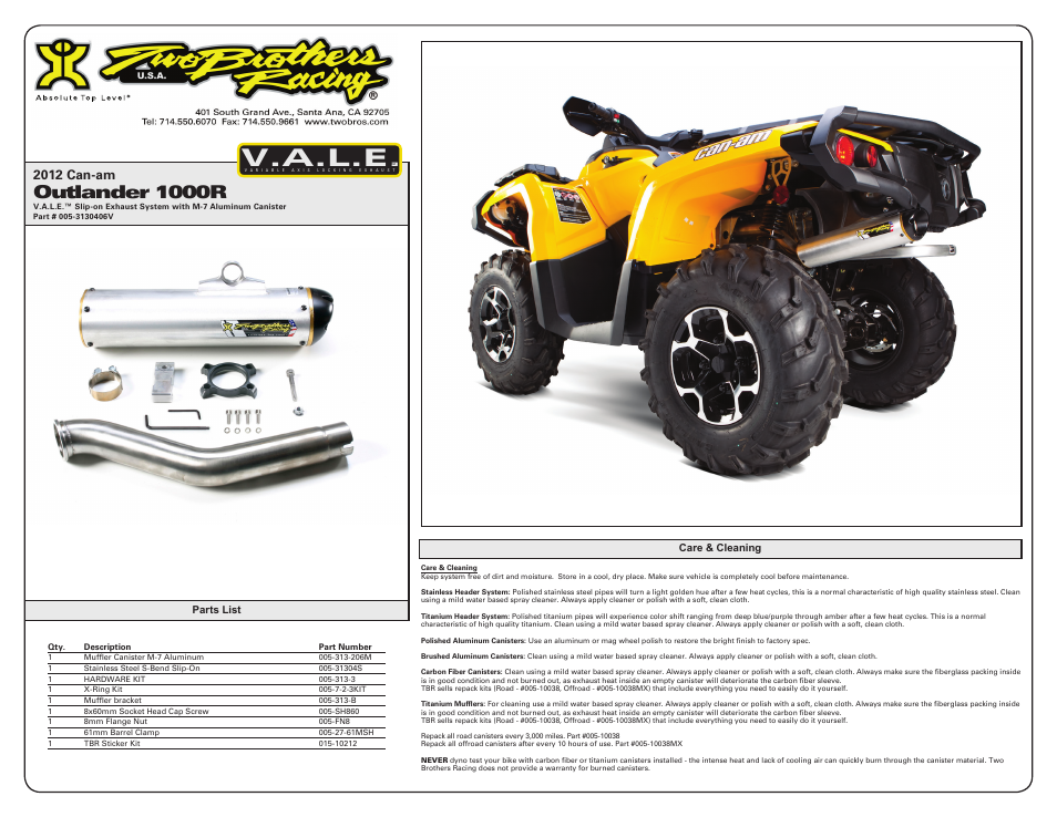 V.a.l.e, Outlander 1000r, 2012 can-am | Two Brothers Racing Can-Am Outlander 1000R User Manual | Page 2 / 2