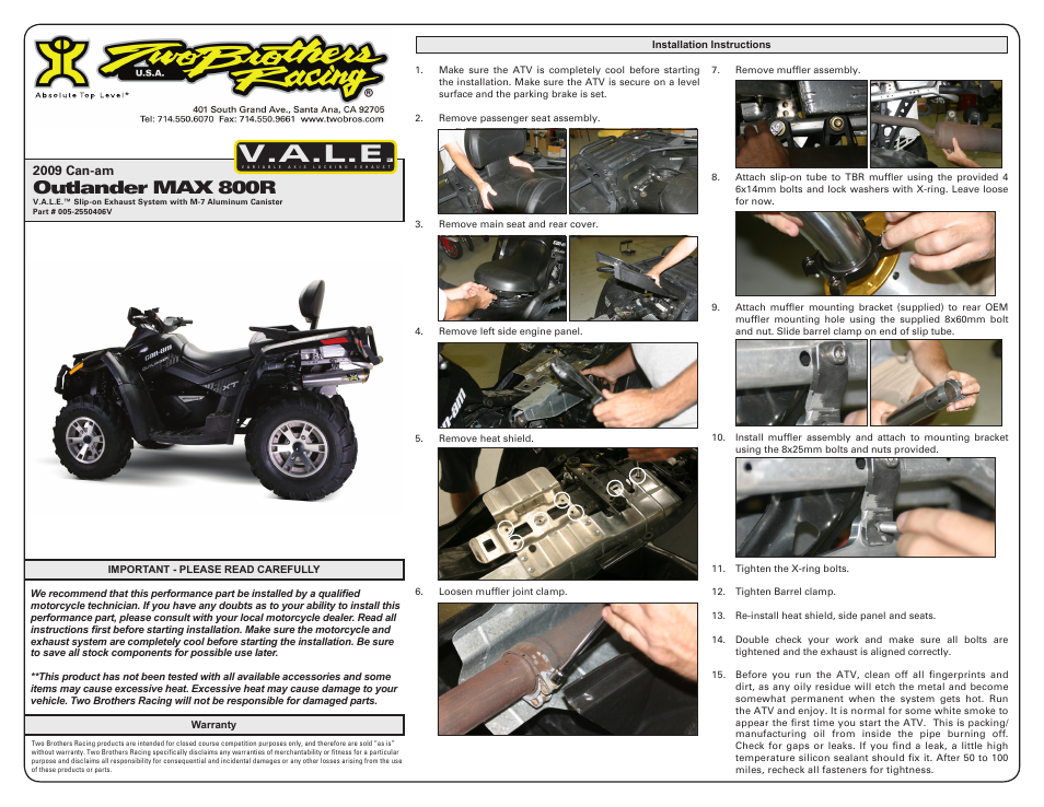 Two Brothers Racing Can-Am Outlander Max 800R User Manual | 2 pages