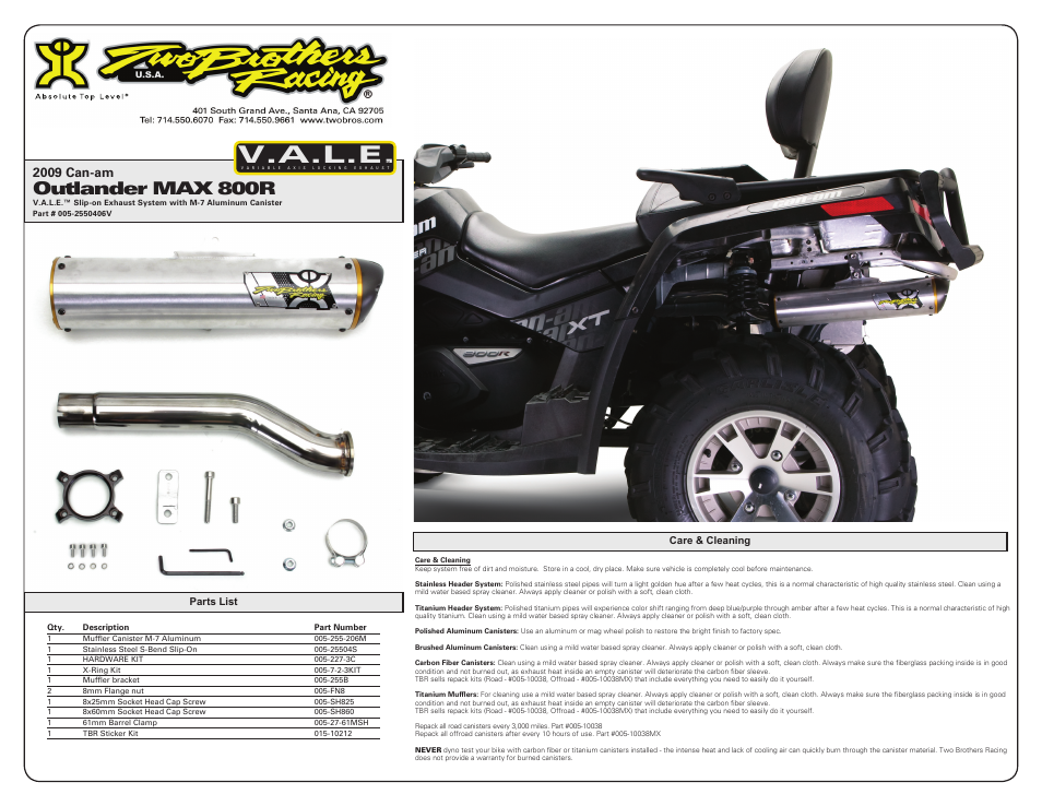 V.a.l.e, Outlander max 800r, 2009 can-am | Two Brothers Racing Can-Am Outlander Max 800R User Manual | Page 2 / 2