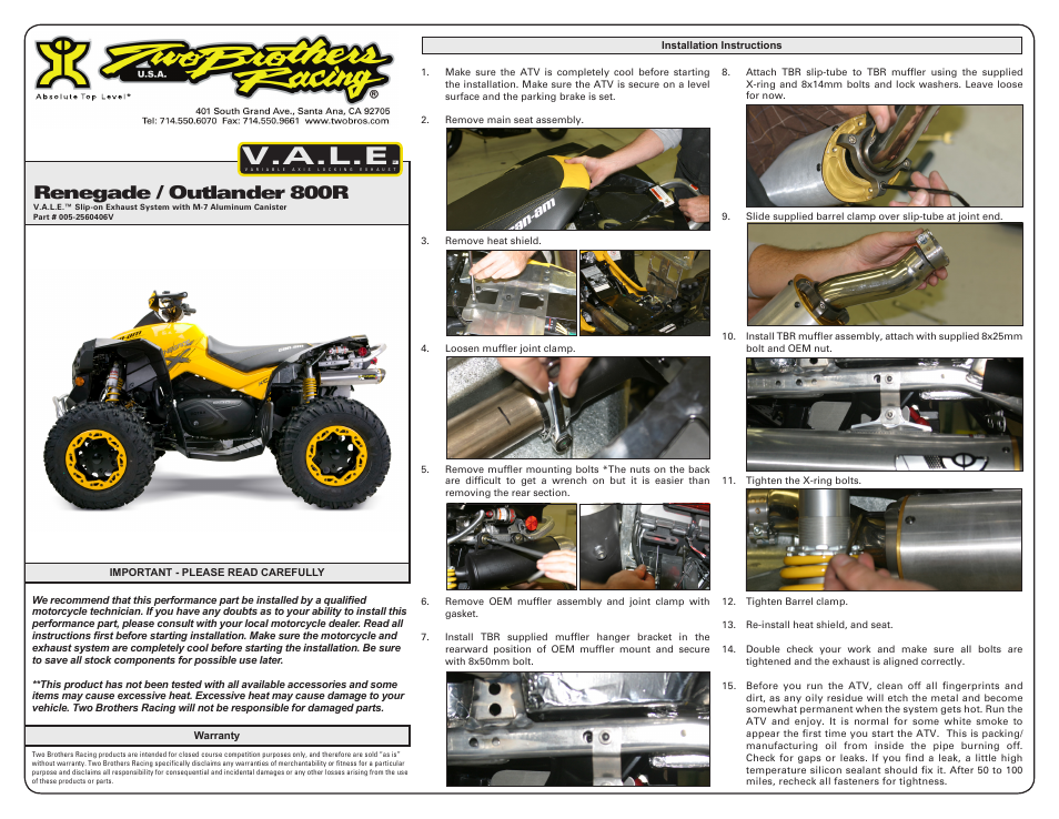 Two Brothers Racing Can-Am Renegade 800R / Outlander User Manual | 2 pages