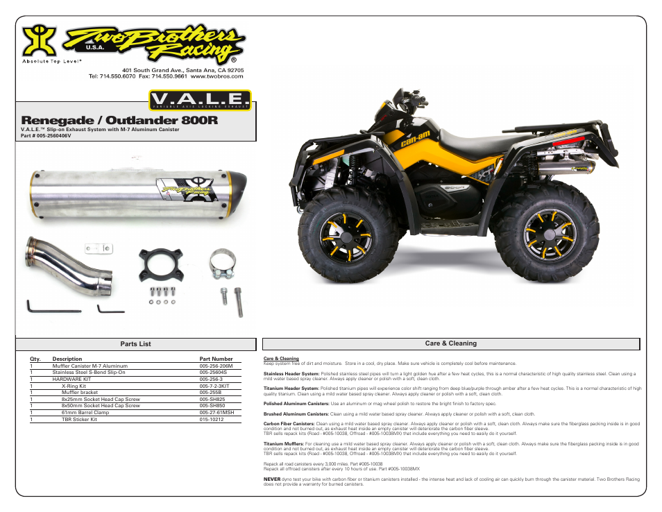 V.a.l.e, Renegade / outlander 800r | Two Brothers Racing Can-Am Renegade 800R / Outlander User Manual | Page 2 / 2