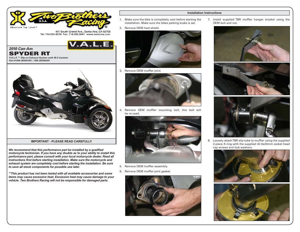 Two Brothers Racing Can-Am Spyder RT User Manual | 2 pages