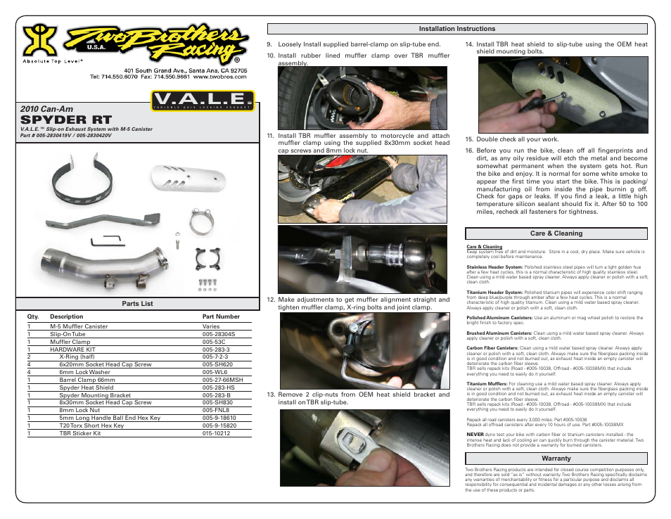 V.a.l.e, Spyder rt, 2010 can-am | Two Brothers Racing Can-Am Spyder RT User Manual | Page 2 / 2