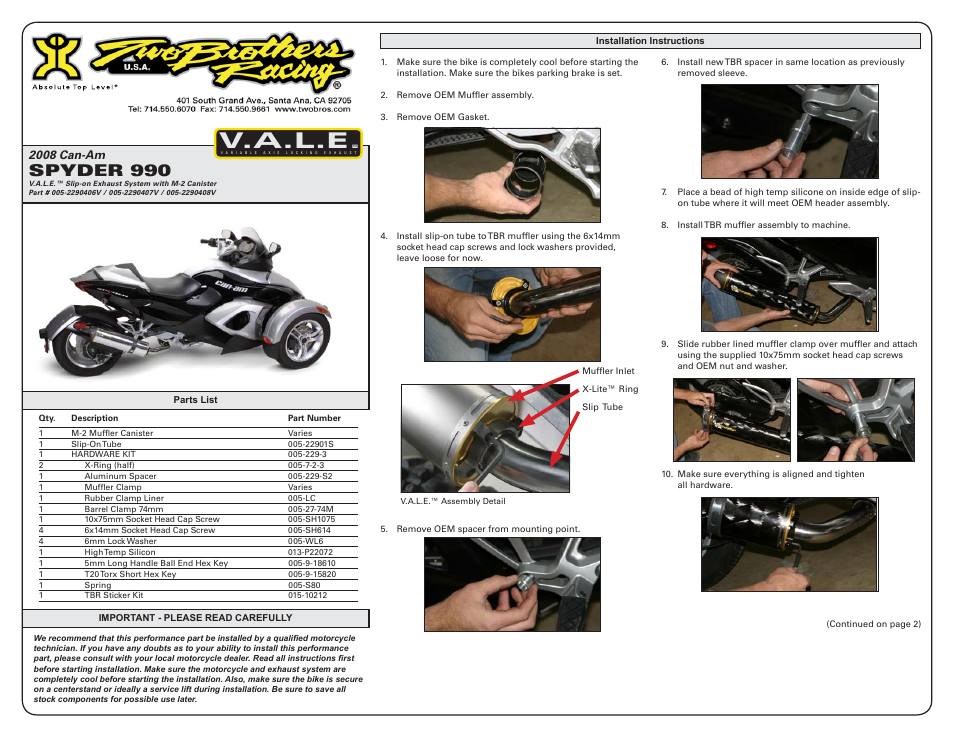 Two Brothers Racing Can-Am Spyder User Manual | 2 pages