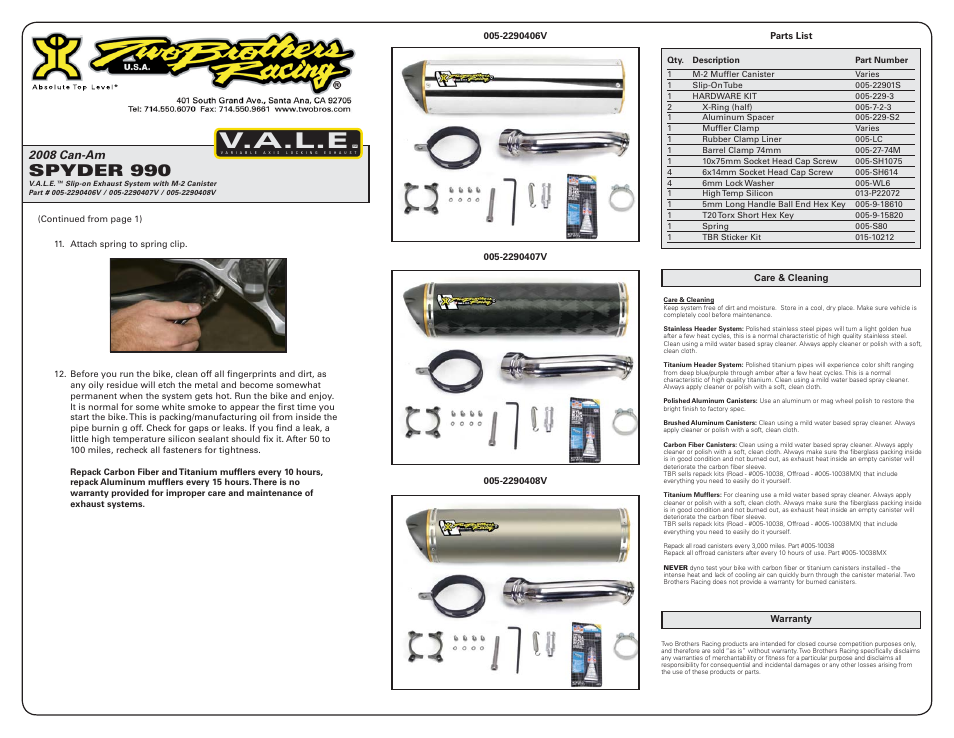 V.a.l.e, Spyder 990, 2008 can-am | Two Brothers Racing Can-Am Spyder User Manual | Page 2 / 2