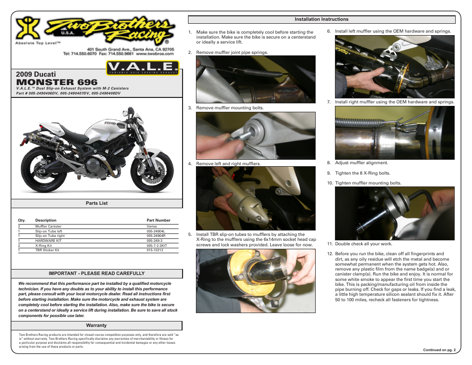 Two Brothers Racing Ducati Monster 696 User Manual | 2 pages