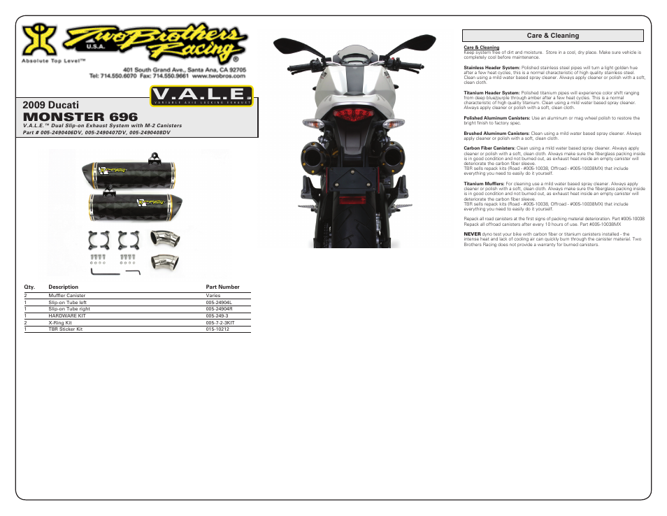V.a.l.e, Monster 696, 2009 ducati | Two Brothers Racing Ducati Monster 696 User Manual | Page 2 / 2