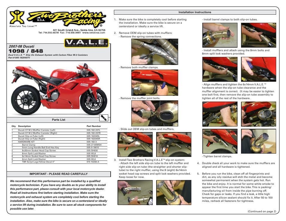Two Brothers Racing Ducati 1098/848 User Manual | 2 pages