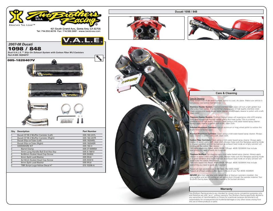 V.a.l.e | Two Brothers Racing Ducati 1098/848 User Manual | Page 2 / 2