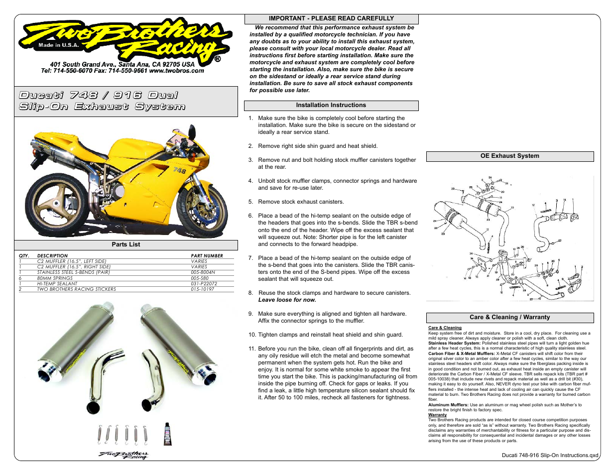 Two Brothers Racing Ducati 748/916 User Manual | 1 page