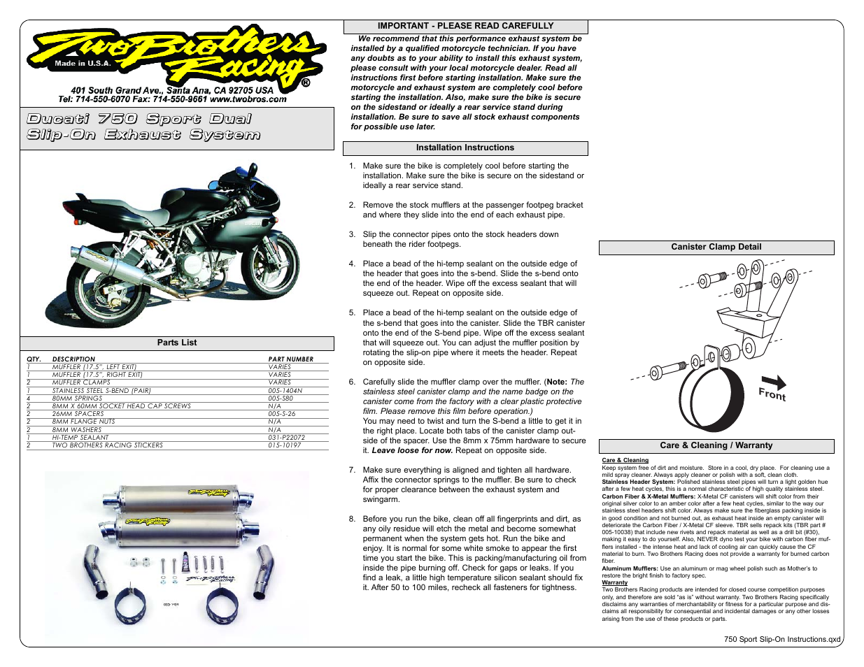 Two Brothers Racing Ducati 750 Sport User Manual | 1 page