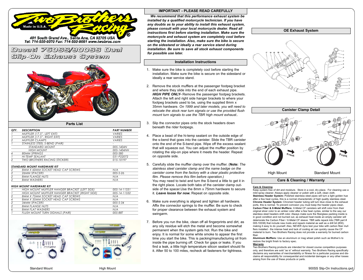 Two Brothers Racing Ducati 900SS User Manual | 1 page