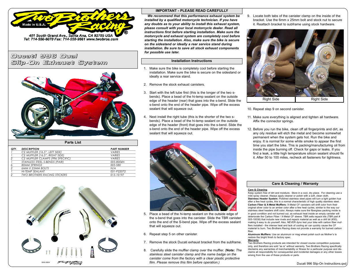 Two Brothers Racing Ducati 996 User Manual | 1 page