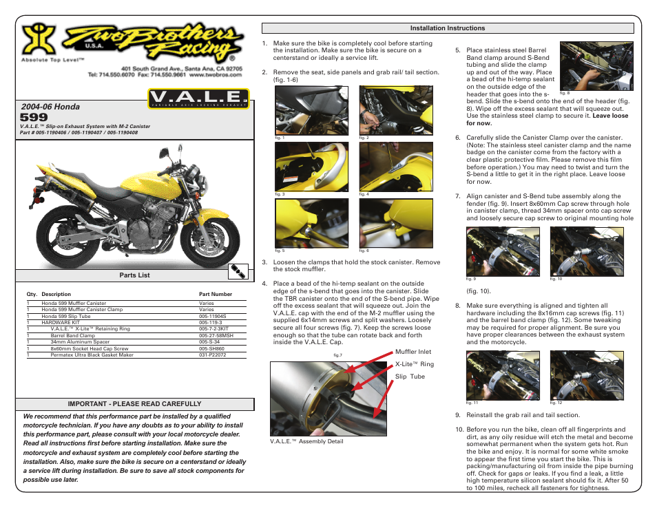 Two Brothers Racing Honda 599 User Manual | 2 pages