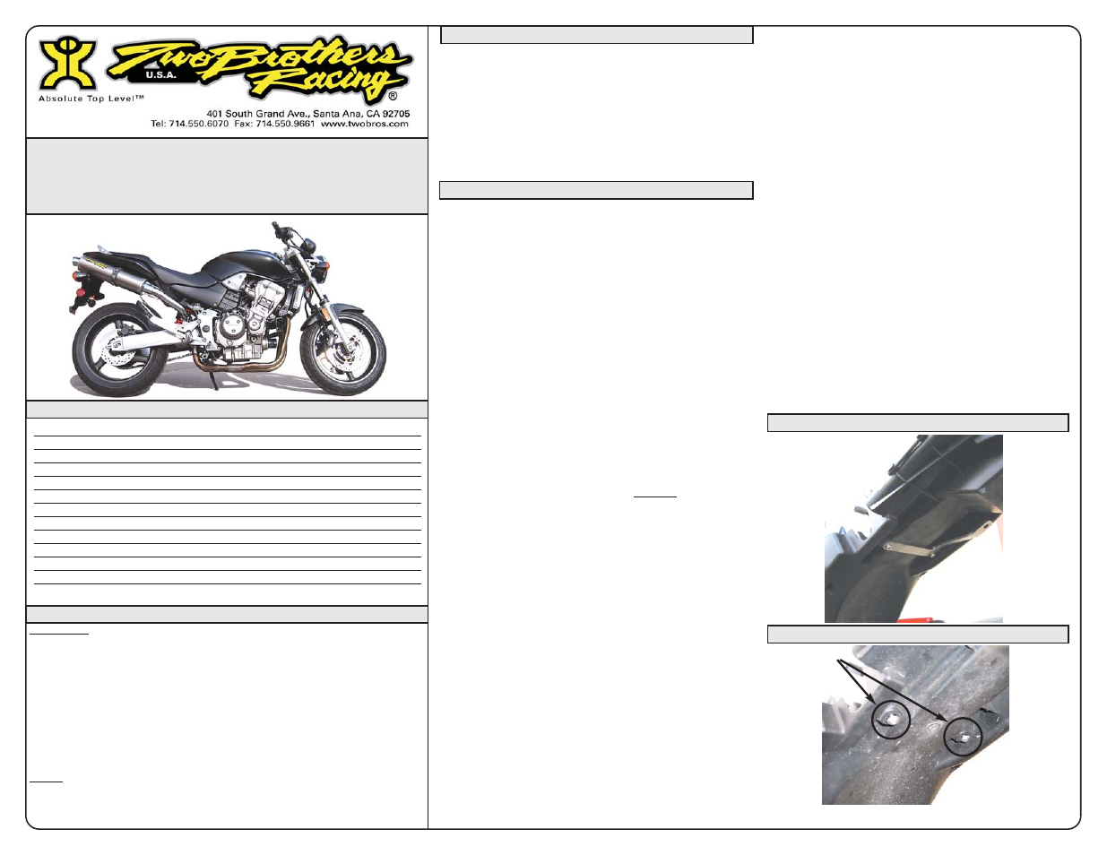 Two Brothers Racing Honda 919 User Manual | 1 page