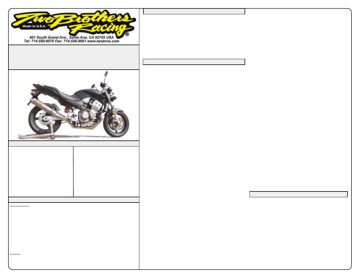 Two Brothers Racing Honda 919 User Manual | 2 pages