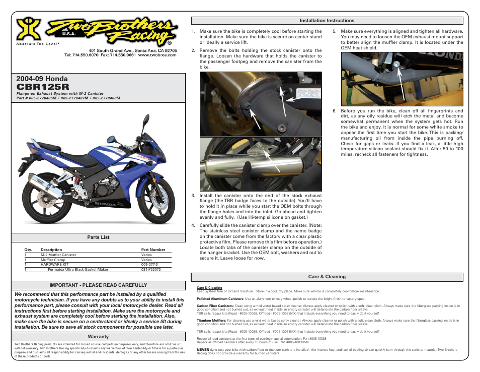 Two Brothers Racing Honda CB300R User Manual | 1 page