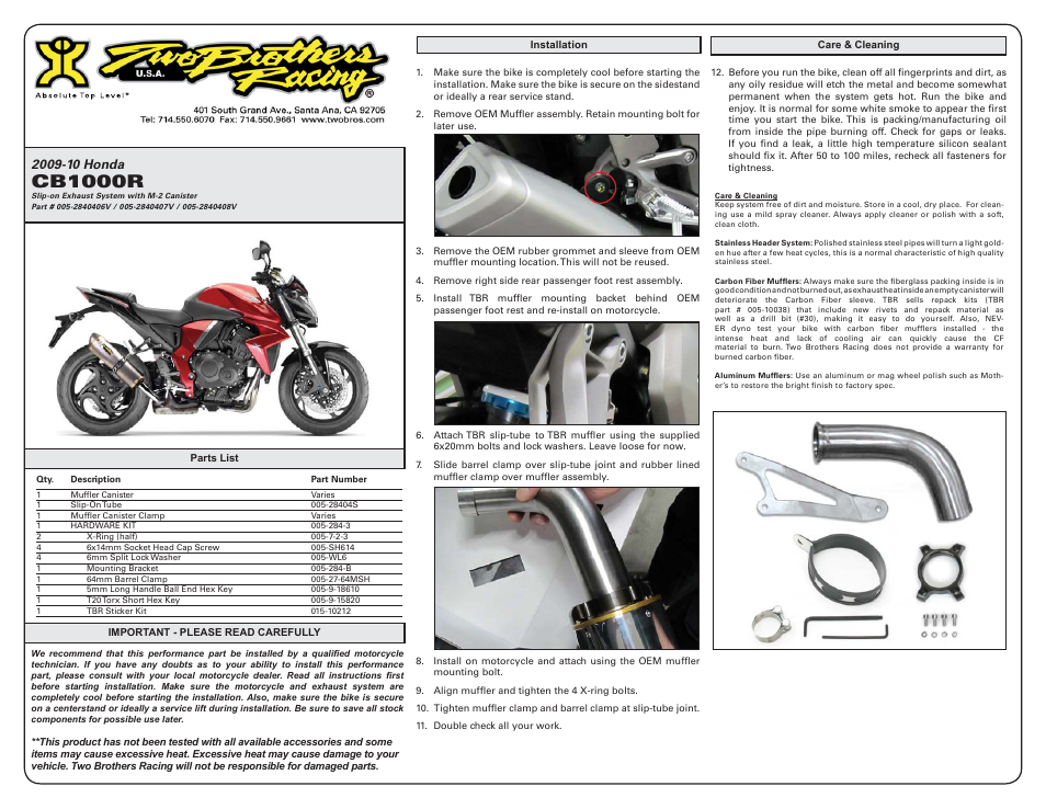Two Brothers Racing Honda CB1000 User Manual | 1 page