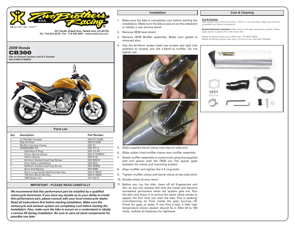 Two Brothers Racing Honda CBR125R User Manual | 1 page
