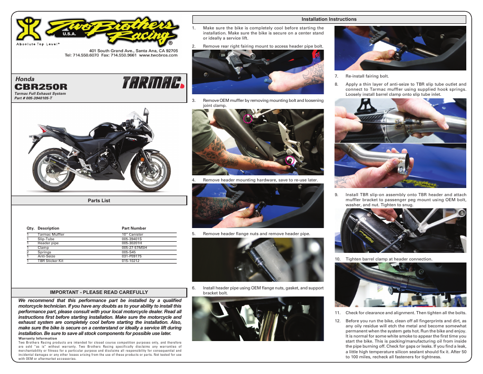 Two Brothers Racing Honda CBR250R User Manual | 2 pages