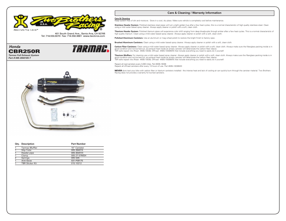 Cbr250r, Honda | Two Brothers Racing Honda CBR250R User Manual | Page 2 / 2