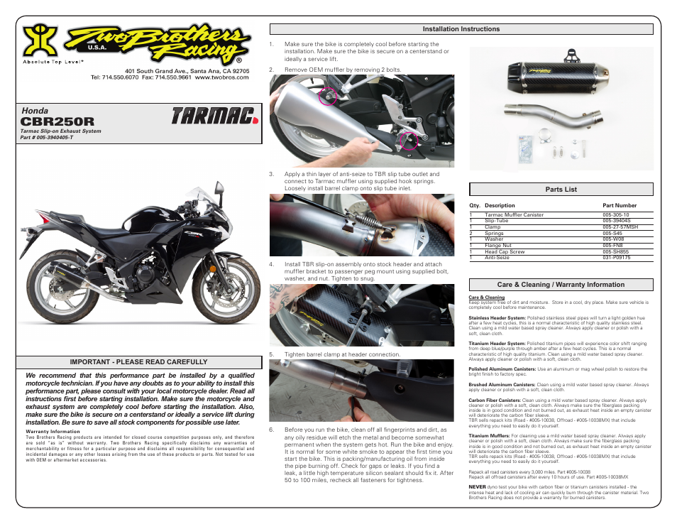 Two Brothers Racing Honda CBR250R User Manual | 1 page