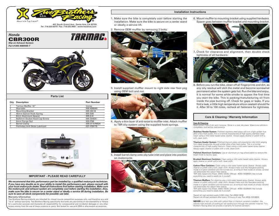 Two Brothers Racing Honda CBR300R User Manual | 1 page