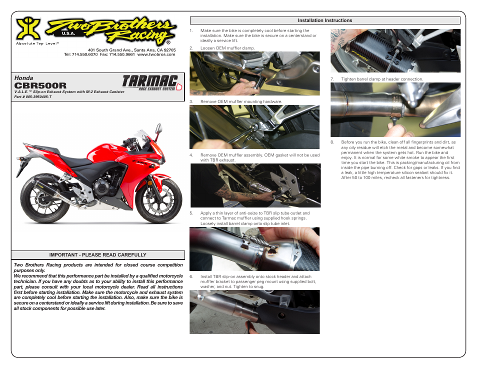 Two Brothers Racing Honda CBR500R User Manual | 2 pages