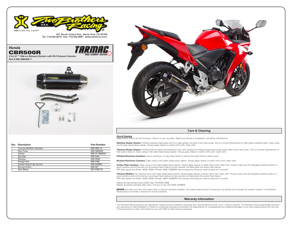 Cbr500r, Honda | Two Brothers Racing Honda CBR500R User Manual | Page 2 / 2