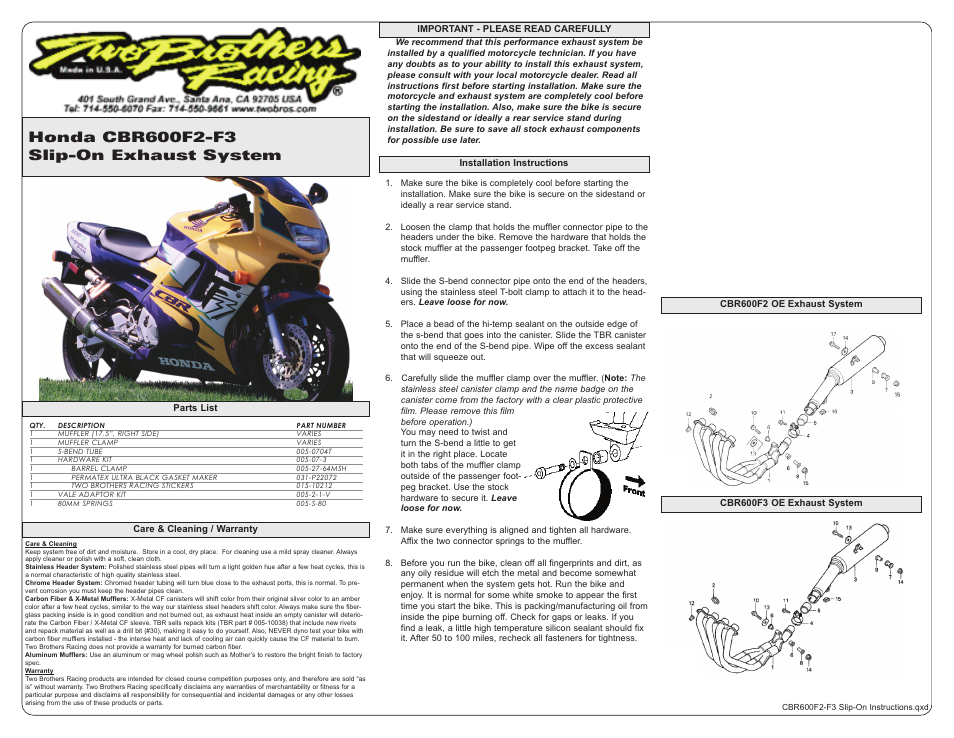 Two Brothers Racing Honda CBR600F3 User Manual | 1 page