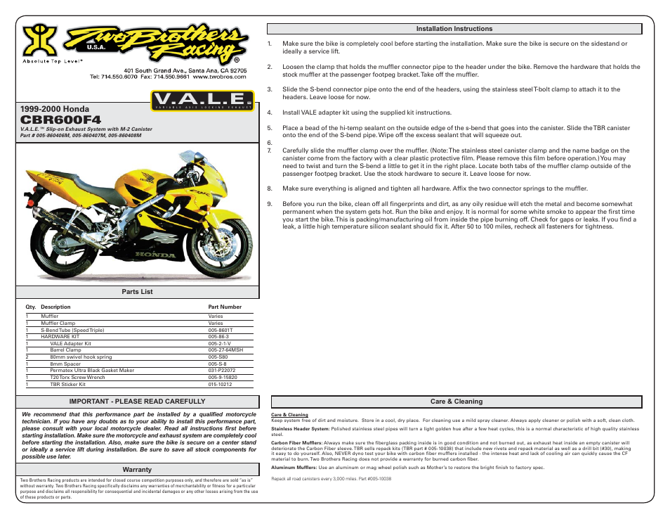 Two Brothers Racing Honda CBR600F4 User Manual | 1 page