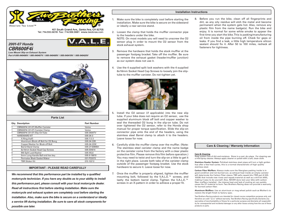 Two Brothers Racing Honda CBR600F4i User Manual | 2 pages