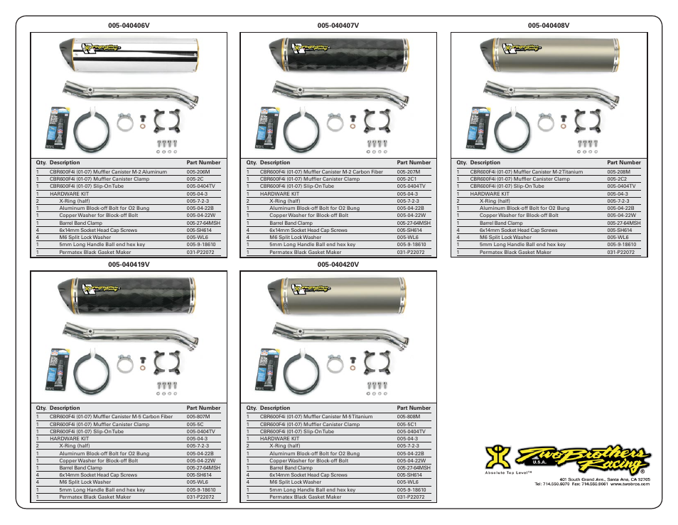 Two Brothers Racing Honda CBR600F4i User Manual | Page 2 / 2