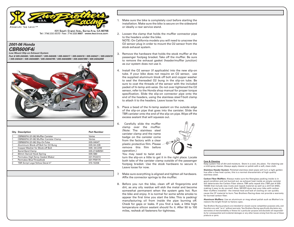 Two Brothers Racing Honda CBR600F4i User Manual | 4 pages