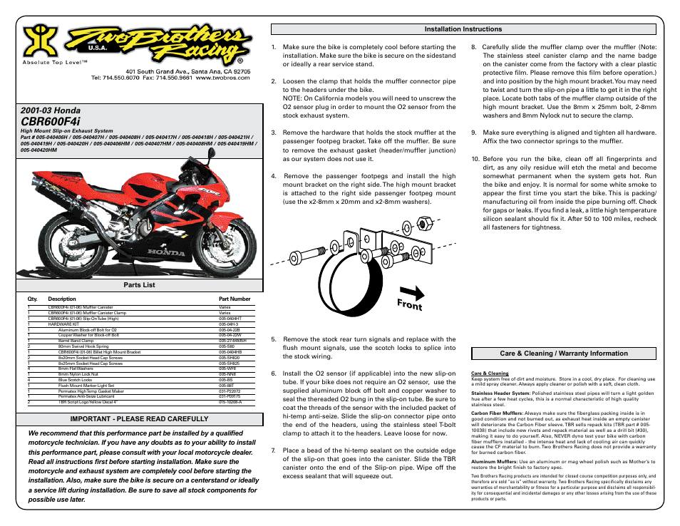 Two Brothers Racing Honda CBR600F4i User Manual | 3 pages