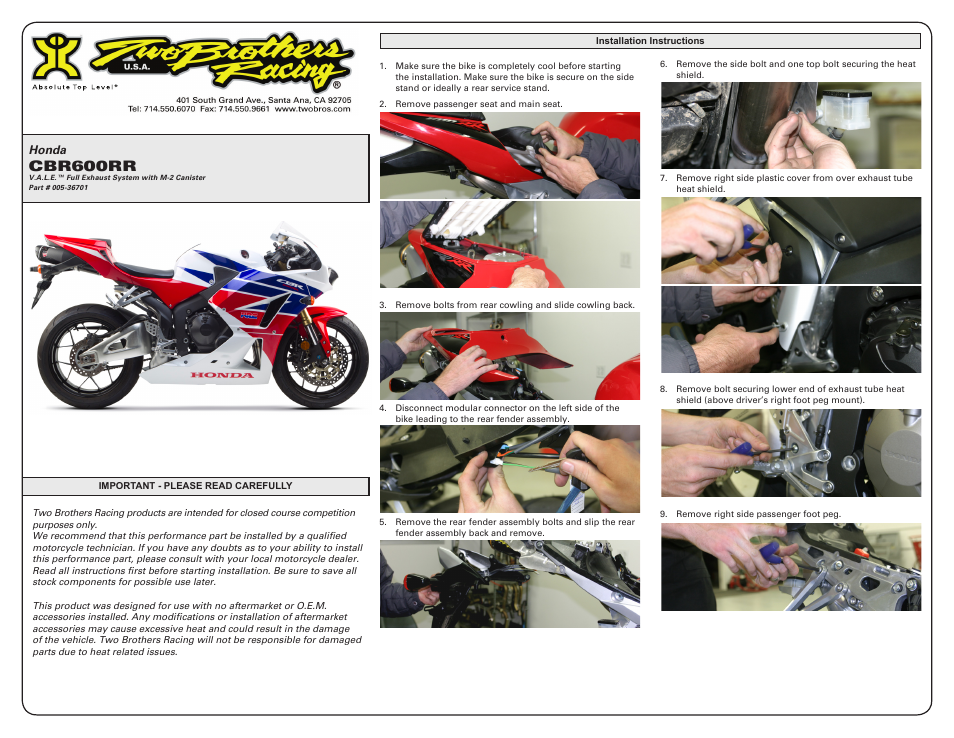 Two Brothers Racing Honda CBR600RR User Manual | 4 pages