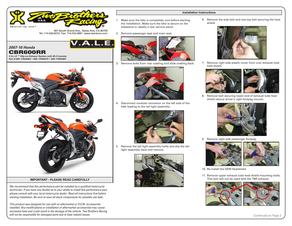 Two Brothers Racing Honda CBR600RR User Manual | 3 pages