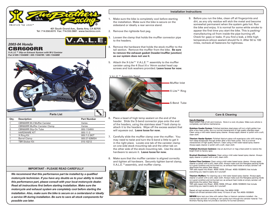 Two Brothers Racing Honda CBR600RR User Manual | 2 pages