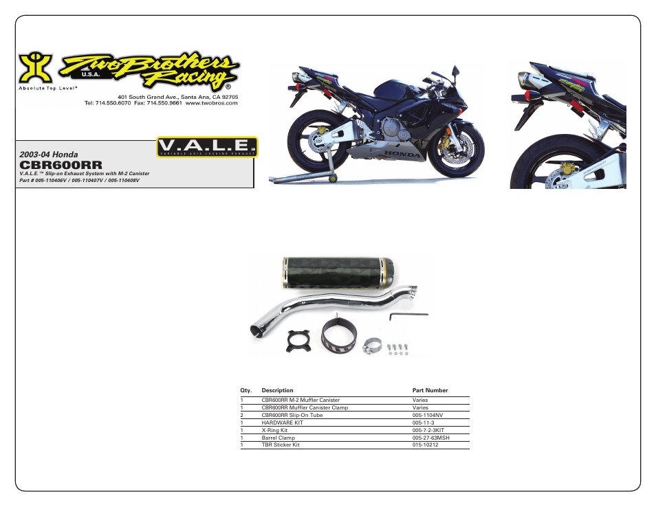 V.a.l.e, Cbr600rr | Two Brothers Racing Honda CBR600RR User Manual | Page 2 / 2