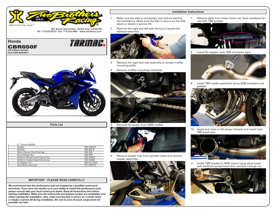 Two Brothers Racing Honda CBR650F User Manual | 2 pages