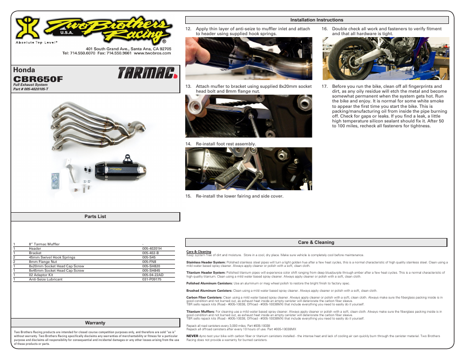 Cbr650f, Honda | Two Brothers Racing Honda CBR650F User Manual | Page 2 / 2