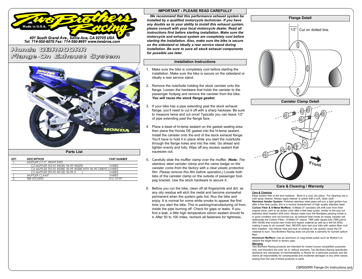 Two Brothers Racing Honda CBR900RR User Manual | 1 page