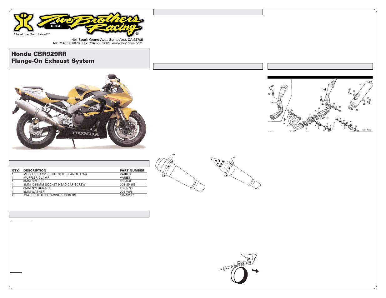 Two Brothers Racing Honda CBR929RR User Manual | 1 page