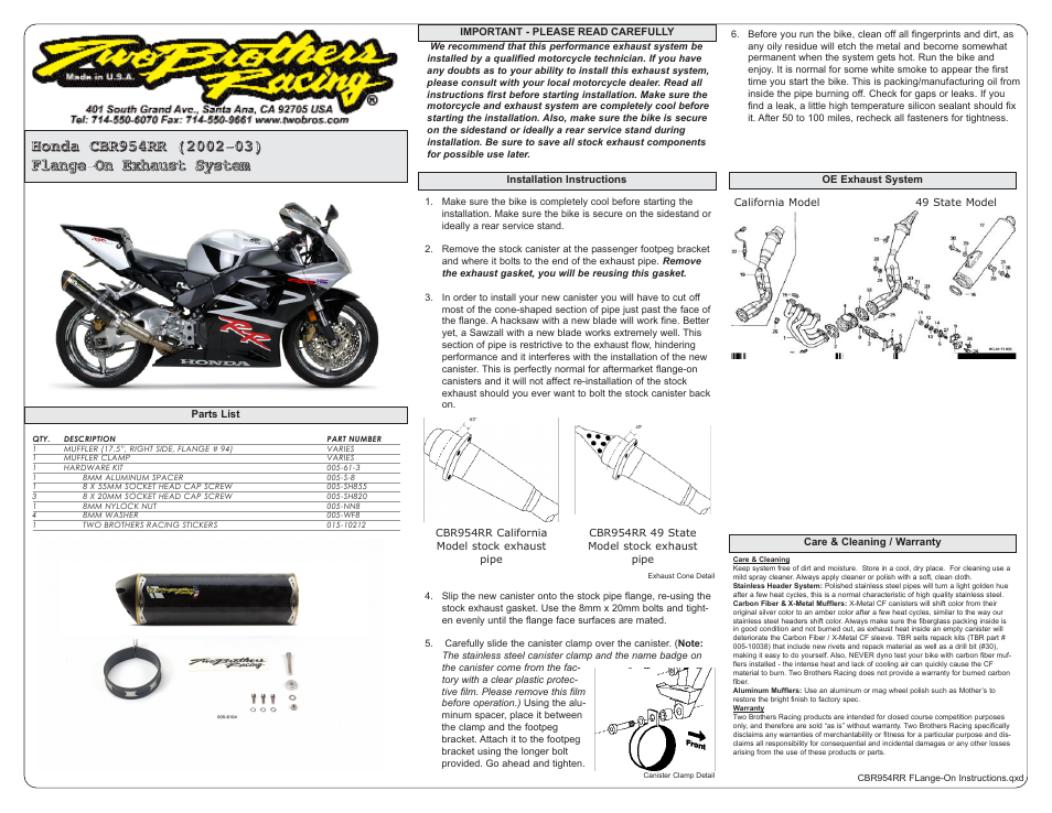 Two Brothers Racing Honda CBR954RR User Manual | 1 page